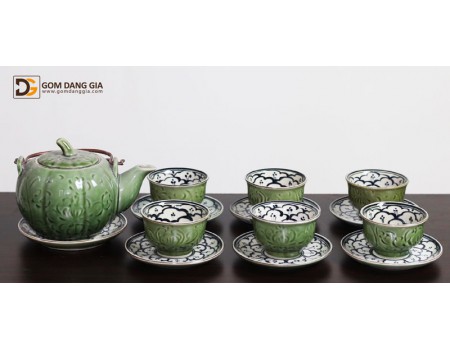 Bộ trà dáng quả dưa phong cách Nhật Bản men ngọc khắc sen